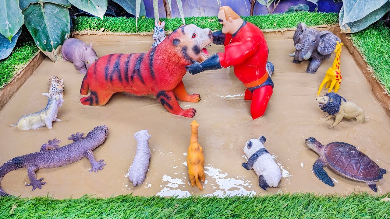 Sandbox Safari Adventure: 💥🎉 African Tiger, Elephant, Turtle, Iguana Trapped in the Mud