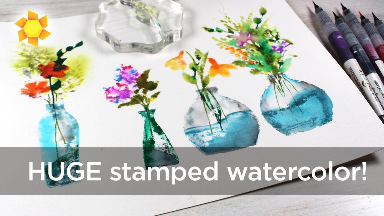 Stamped watercolor flower bouquets in glass vases