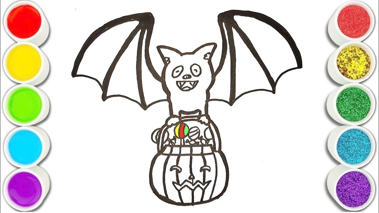 Bat brings candy on Halloween Drawing, Painting and Coloring for Kids, Toddlers Easy Drawing