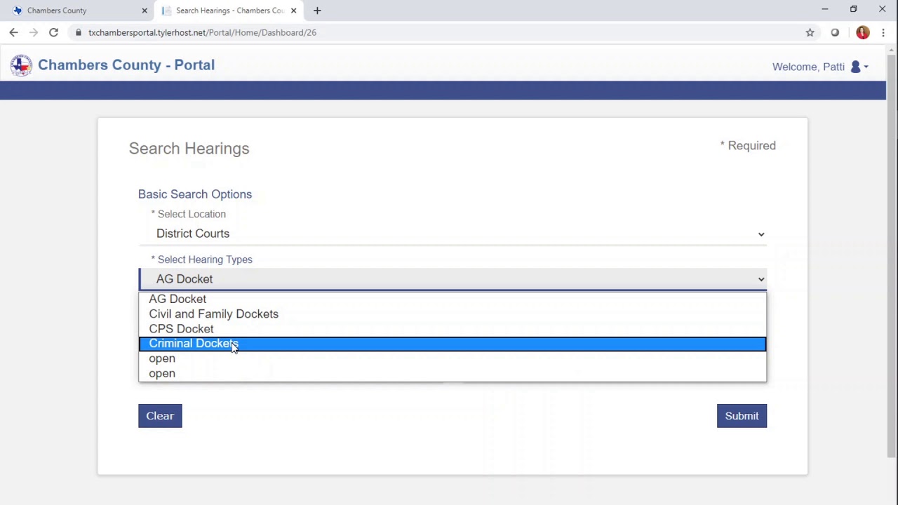 Chambers County District Clerk Tutorial How To: Hearing Search