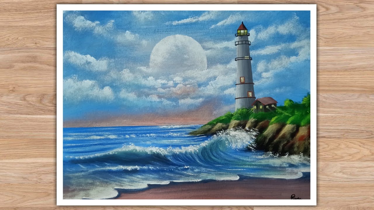 Simple Seascape painting with Poster Colour |  Lighthouse | How to paint scenery