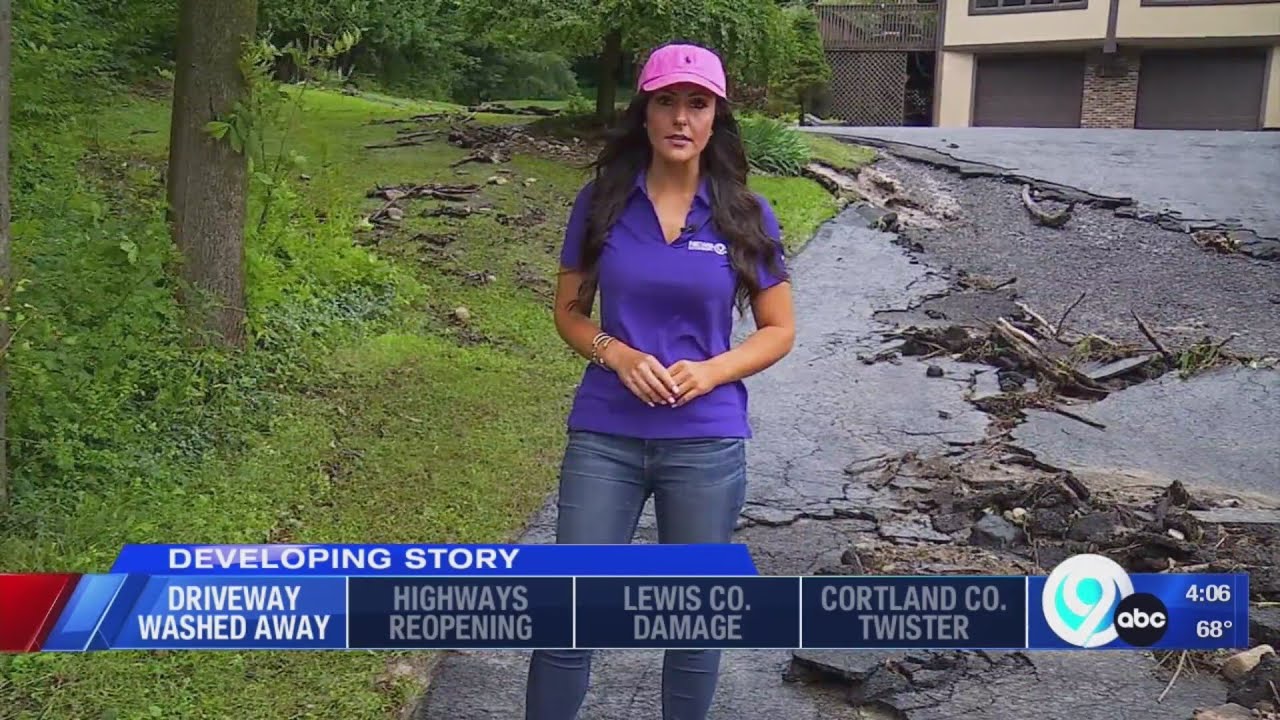 Driveway washed away in Memphis, New York from floodwater