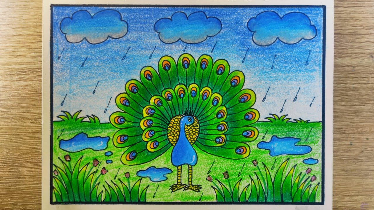 Dancing peacock drawing | Rainy season drawing | Peacock dancing in rain drawing | Peacock drawing