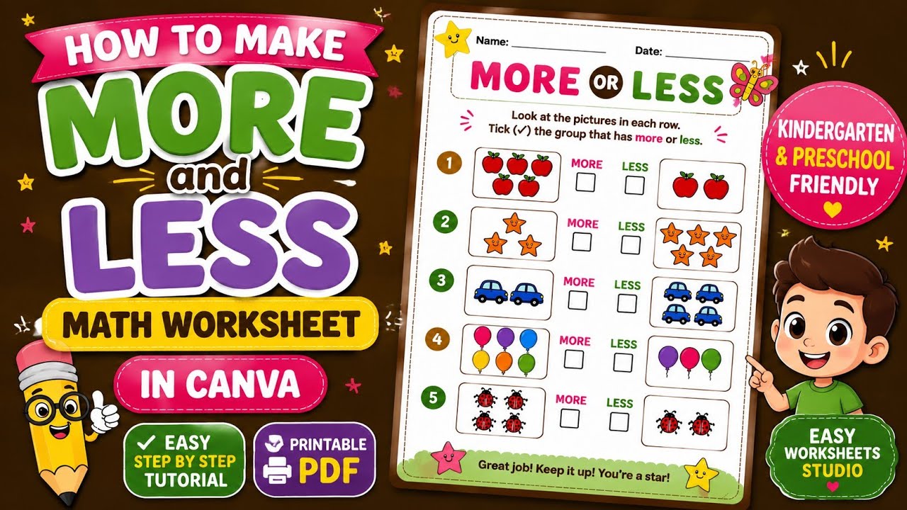 How to Make a More and Less Math Worksheet in Canva | Kindergarten Worksheet Tutorial |Printable PDF
