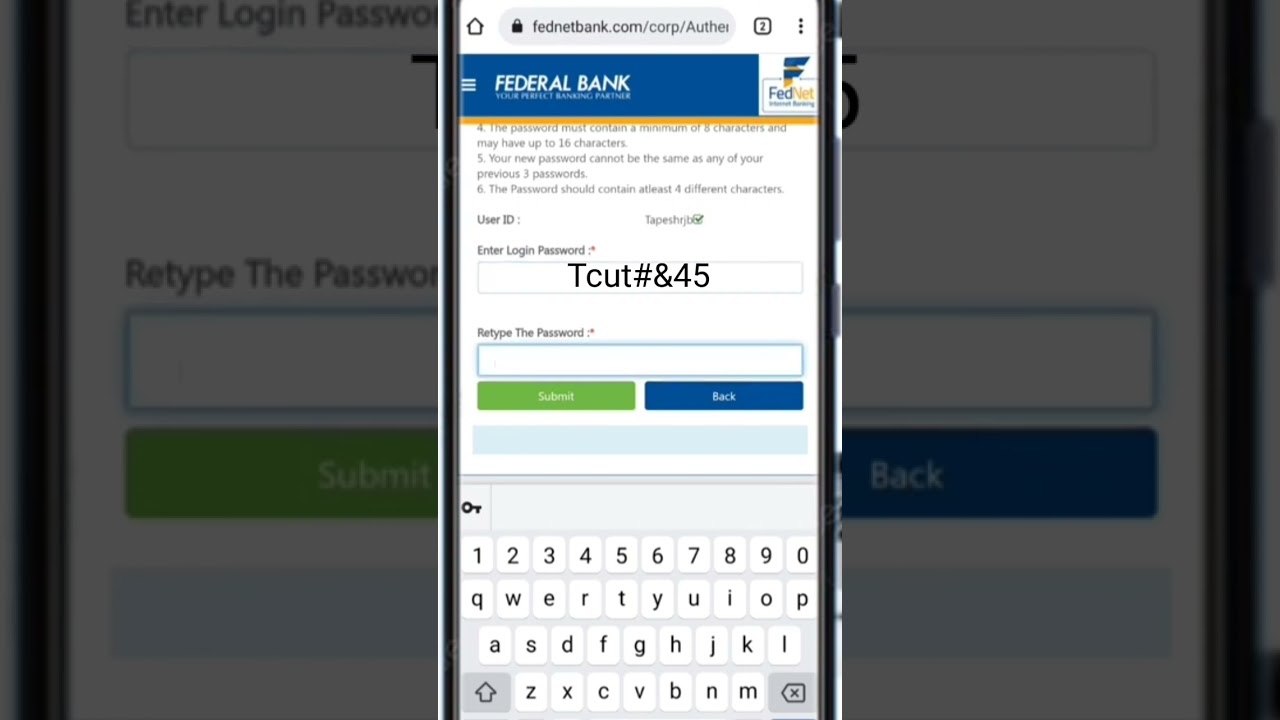 federal bank net banking password example #short