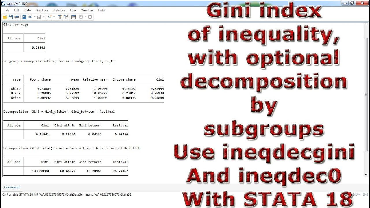 Gini index of inequality optional decomposition subgroups Use ineqdecgini & ineqdec0 In STATA 18
