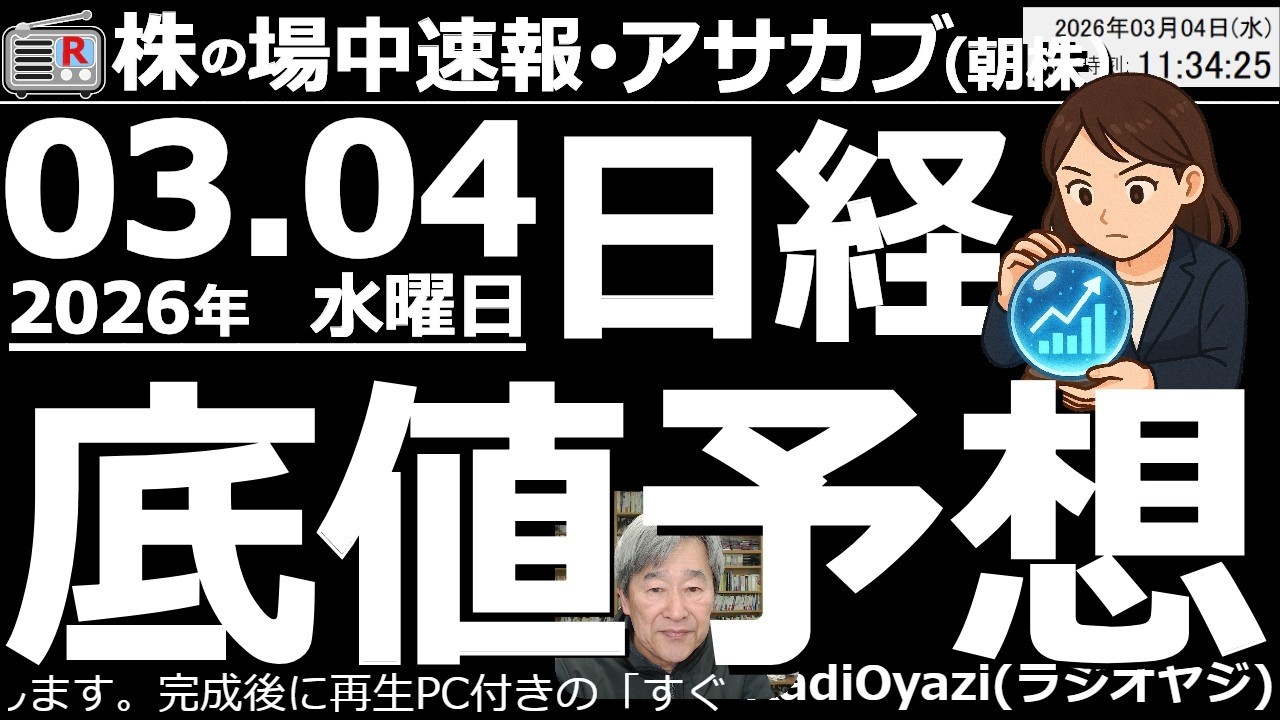 【朝株！(投資情報)】日経平均の底値を予想する。Ｒ式乖離－７は54,600円。－10が53,600円。今日の底値予想値は53,600円。このあと、いったん反発したとしても「２番底」の到来に警戒が必要。