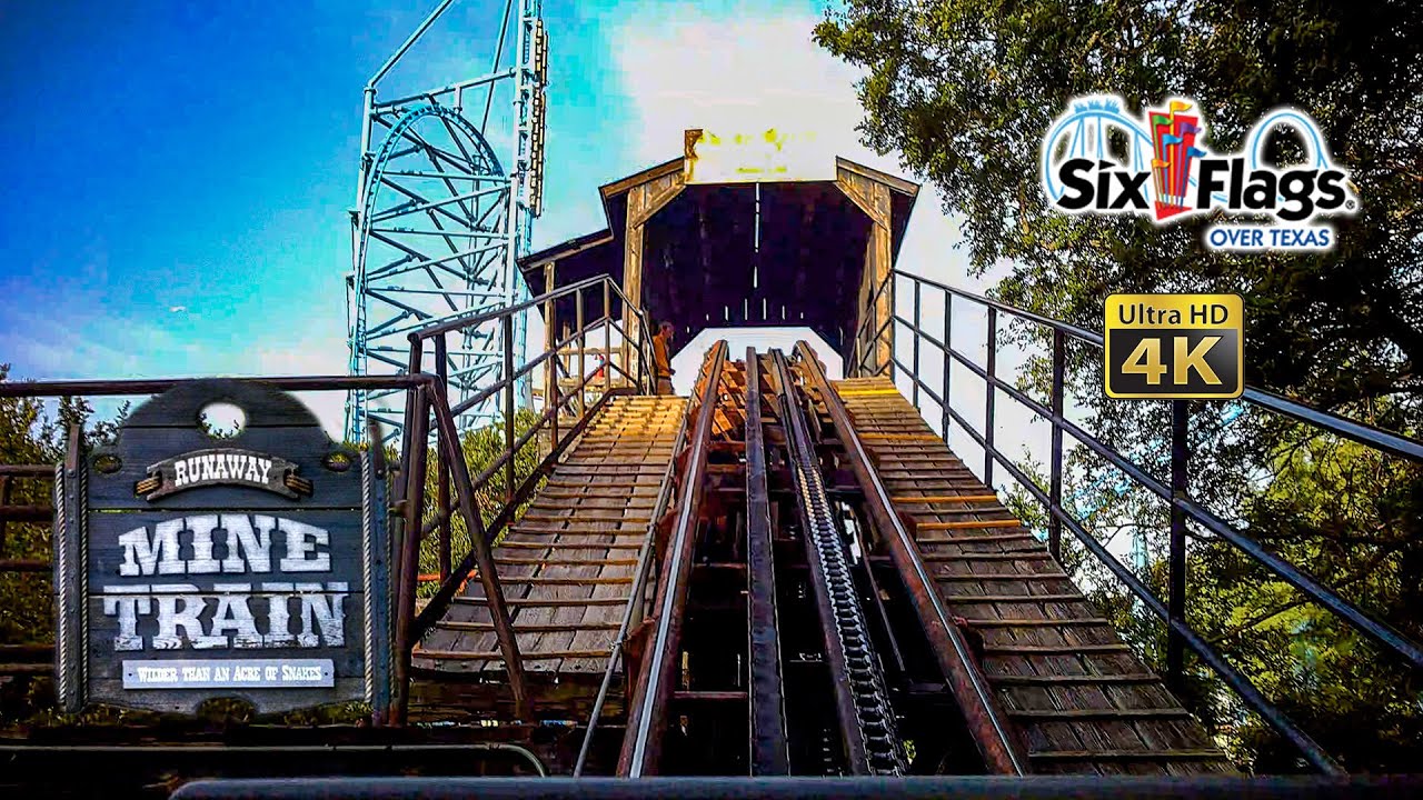 2022 Runaway Mine Train Roller Coaster On Ride Front Seat 4K POV Six Flags Over Texas
