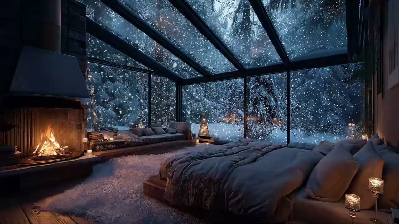 Quiet Winter Night ❄️ Crackling Fireplace & Snow for Deep Sleep 😴
