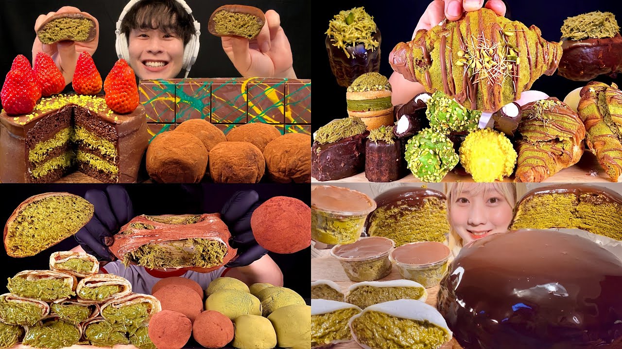 ASMR DUBAI CHOCOLATE CAKE CREPE CAKE DAIFUKU MOCHI DUBAI CHOCOLATE PISTACHIO EATING VIDEOS 