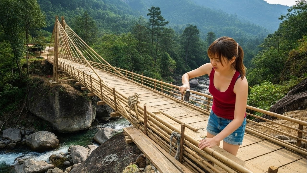 A Girl Building a Strong Bamboo Bridge to Create a Daily Crossing Over the River