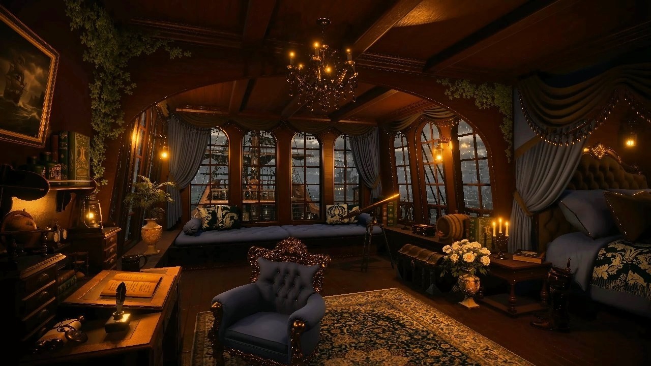 Stormy Sea Ship | Captain’s Cabin Ambience | Dark Nautical Academia | Ocean, Rain & Thunder Sounds