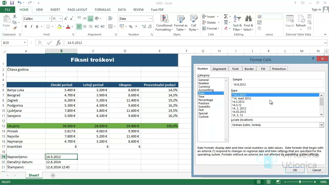 Uređivanje prikaza brojeva i datuma - Kurs Excel 2013