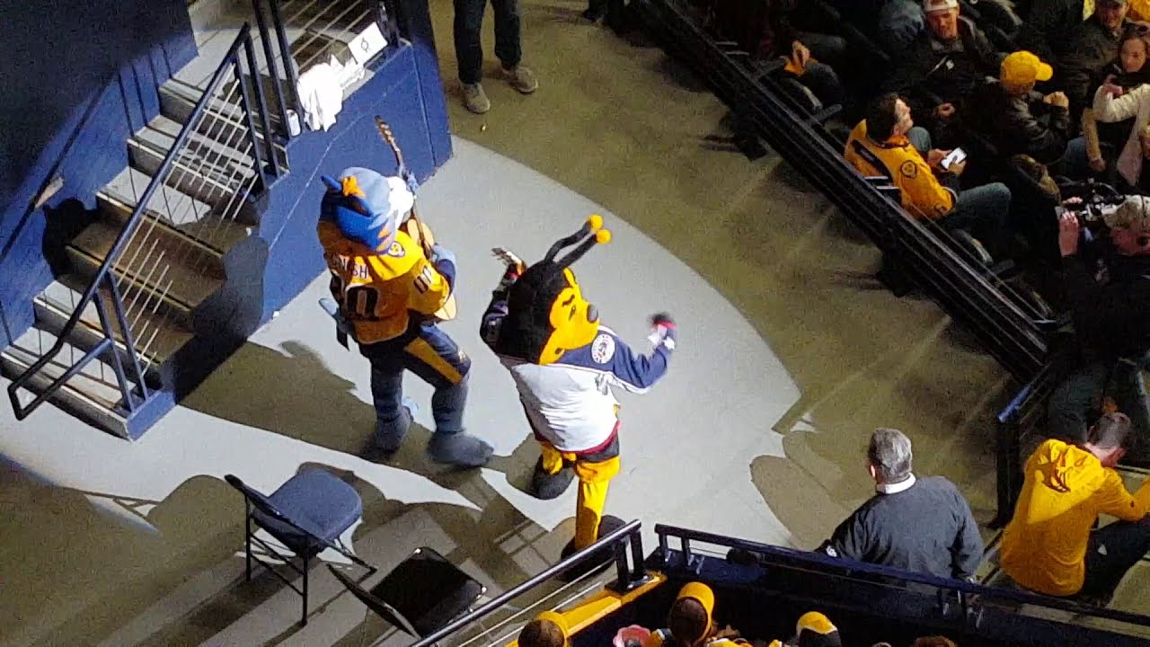 NHL Nashville Predators Mascot Gnash Dueling Banjos with Columbus Blue Jackets Mascot