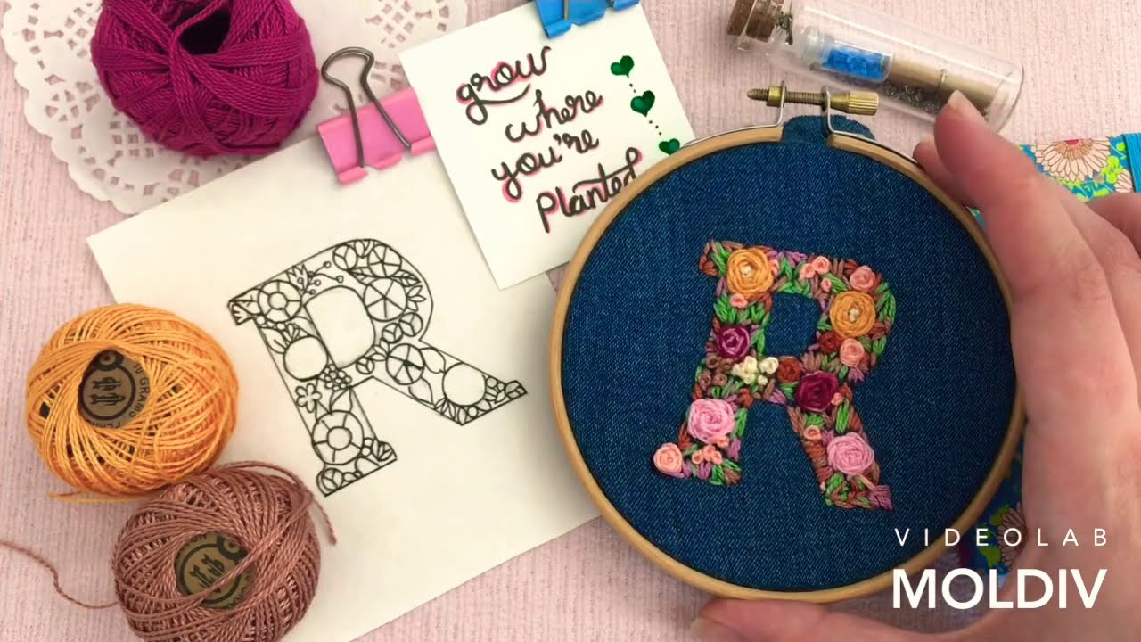 فيديو تعليمي تطريز حرف R الآر تطريز حروف وتعبئتها بالورودR letter embroidery Needlework