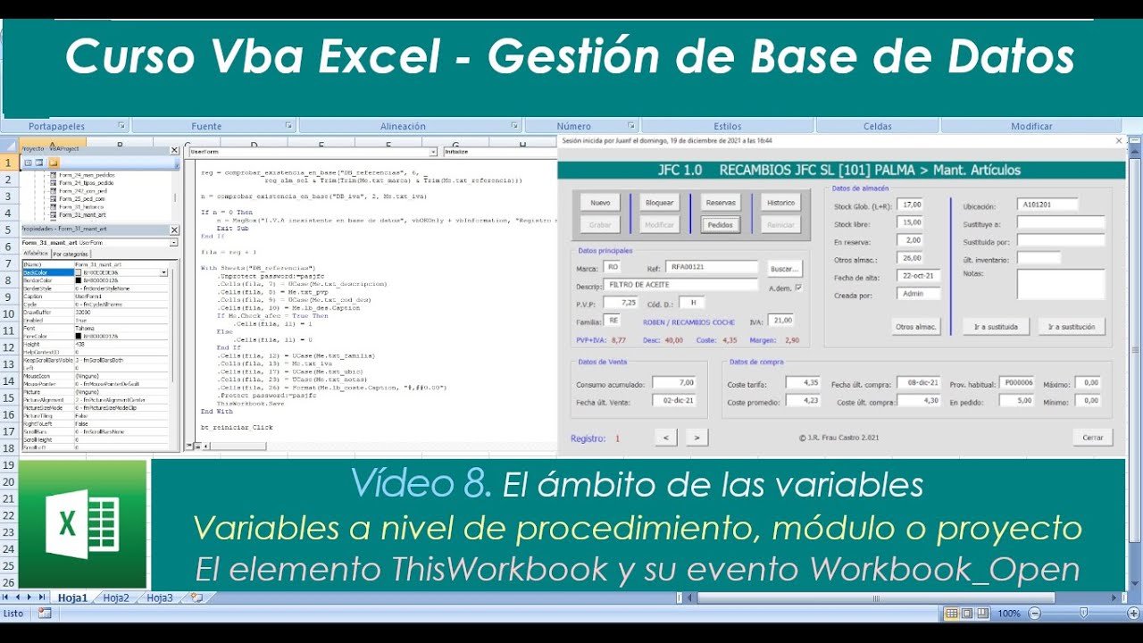 Curso VBA Excel - 8. El ámbito de las variables. El elemento ThisWorkbook y su evento Workbook_Open