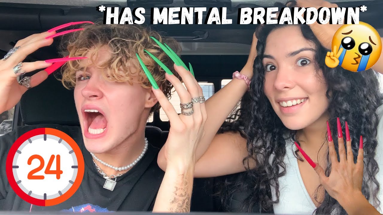 Boyfriend Wears SUPER LONG Acrylic Nails For 24 HOURS!! | Andrea & Lewis