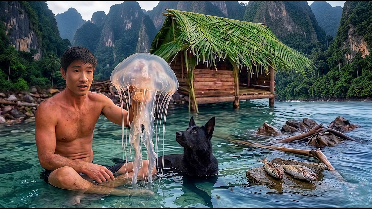 Survival on Desert Island With My Dog | Building Shelter from Trash , Fishing & Eating Jellyfish