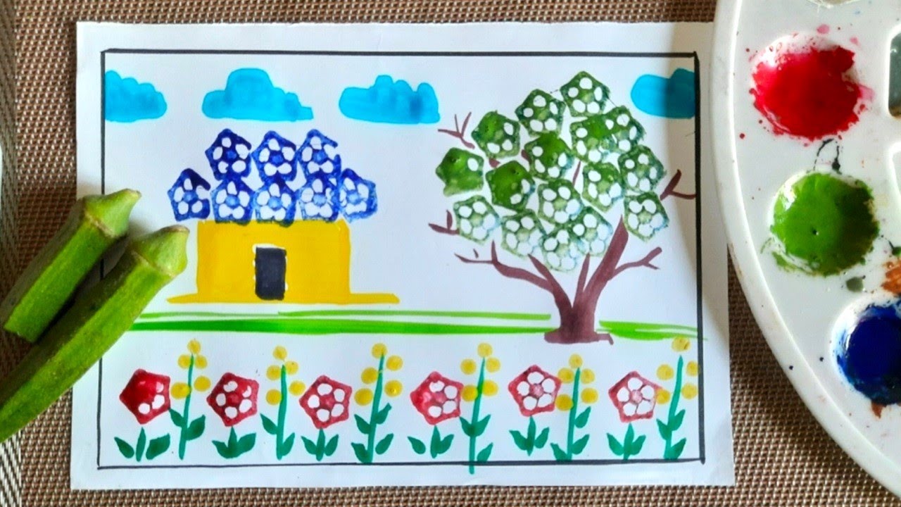 Vegetable Printing competition ideas Art for Kids | Landscape drawing with ladyfinger | Art hacks