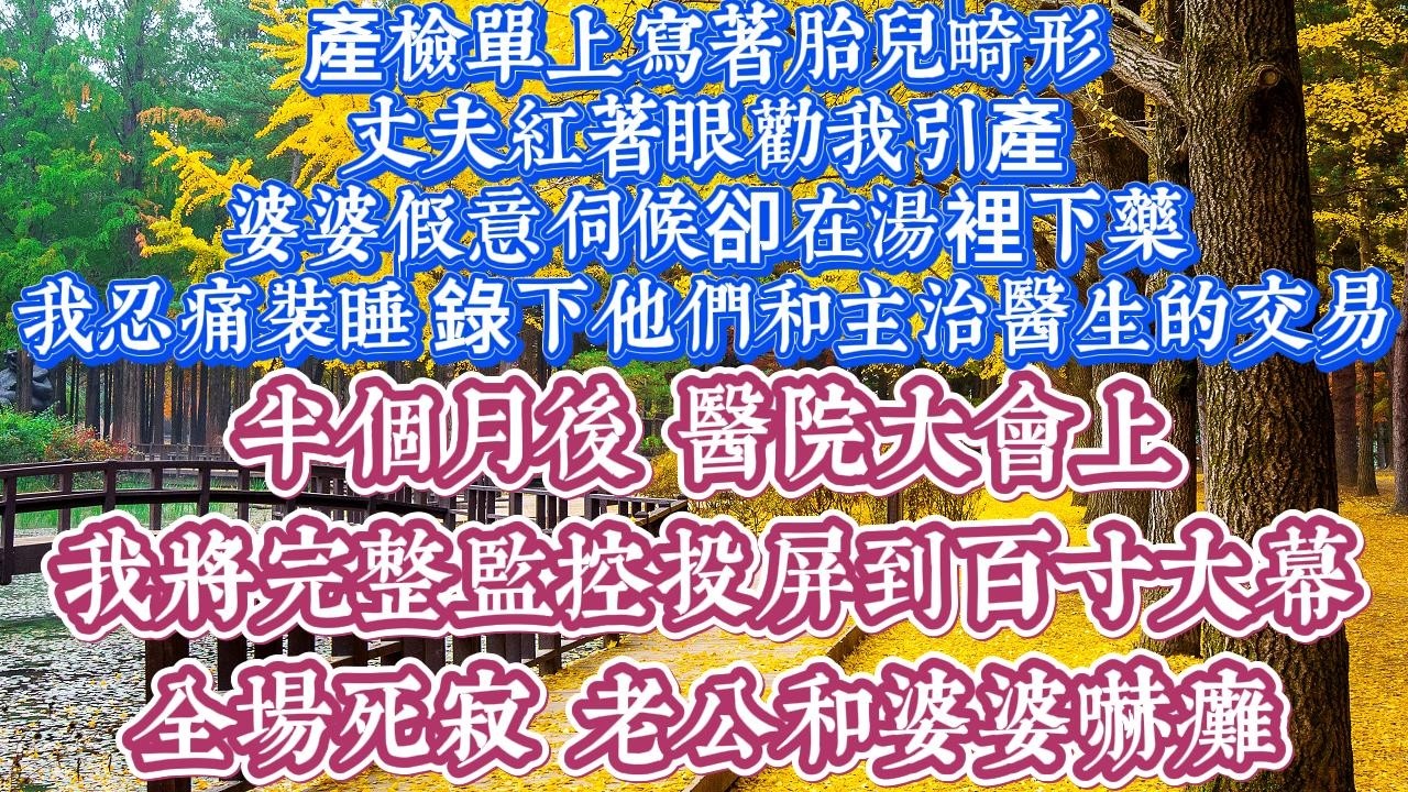 產檢單上寫著胎兒畸形，丈夫紅著眼勸我引產，婆婆假意伺候卻在湯裡下藥。我忍痛裝睡，偷錄下他們和主治醫生的交易。半個月後，醫院大會上，我將完整監控投屏到百寸大幕，全場死寂。