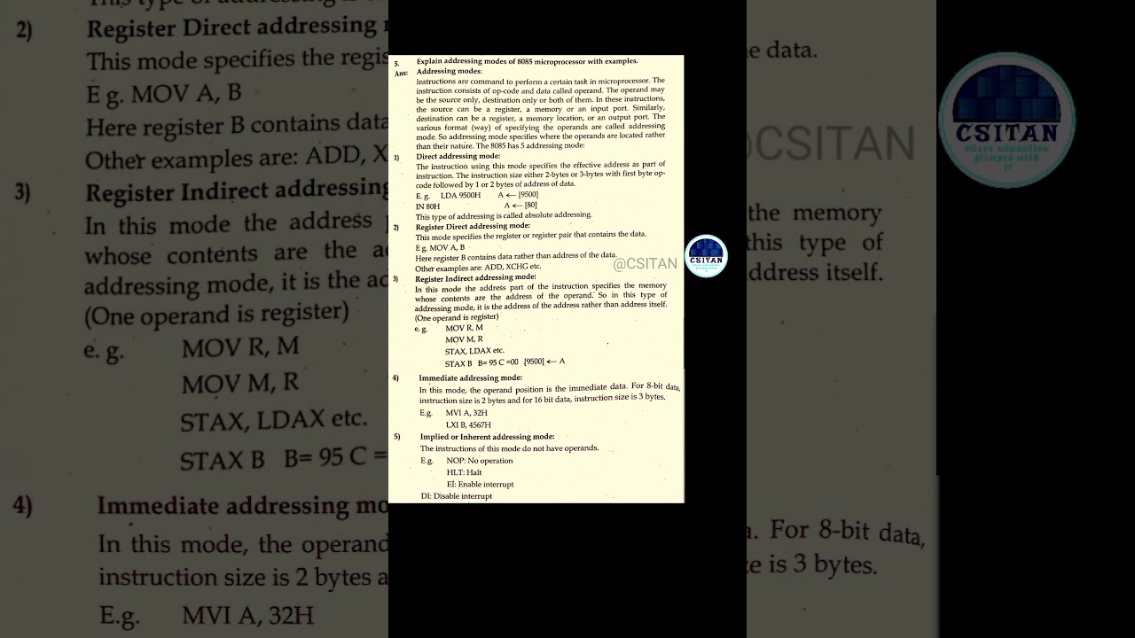 Explain Addressing Modes of 8085 Microprocessor with Examples | CSITAN