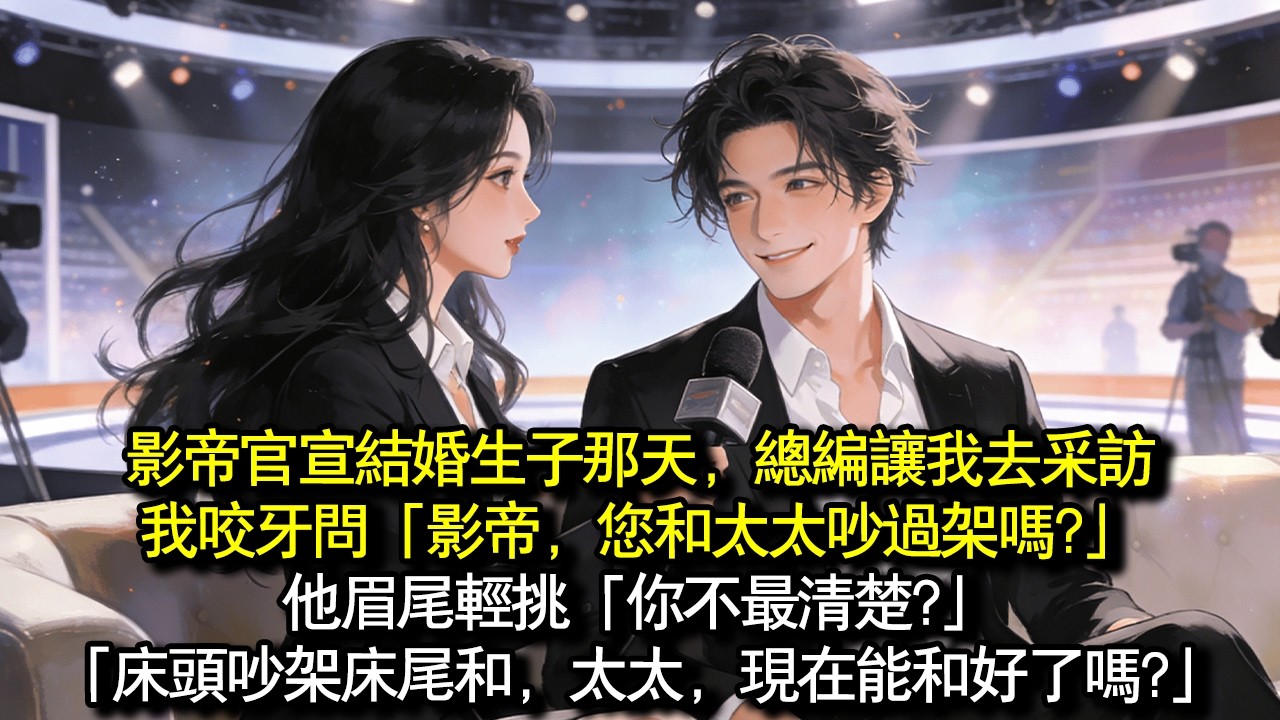 影帝官宣結婚生子的那一天。辦公室炸了，總編點名讓我去採訪，我攥著提綱咬牙問「影帝，您和太太吵過架嗎？」他眉尾輕挑「你不最清楚？」「床頭吵架床尾和，太太，現在能和好了嗎?」#完結 #愛情 #故事