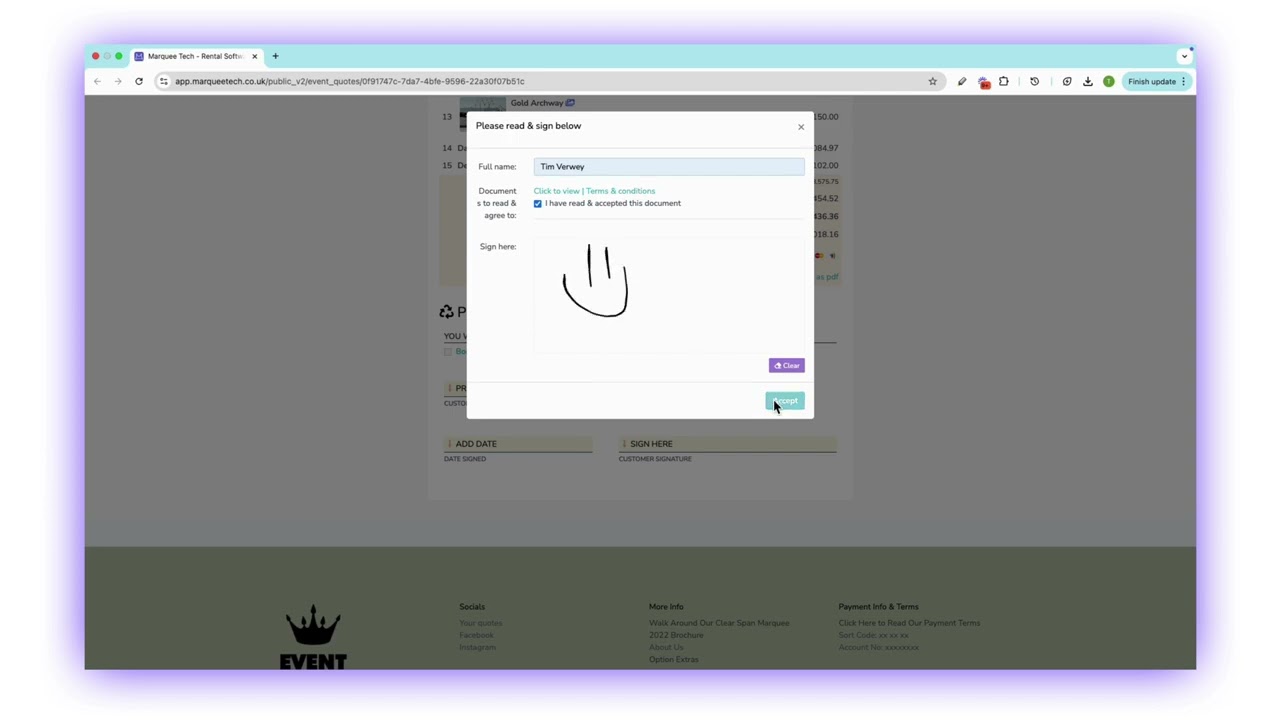 Your customers can easily e-sign your T&Cs directly from their digital quote.