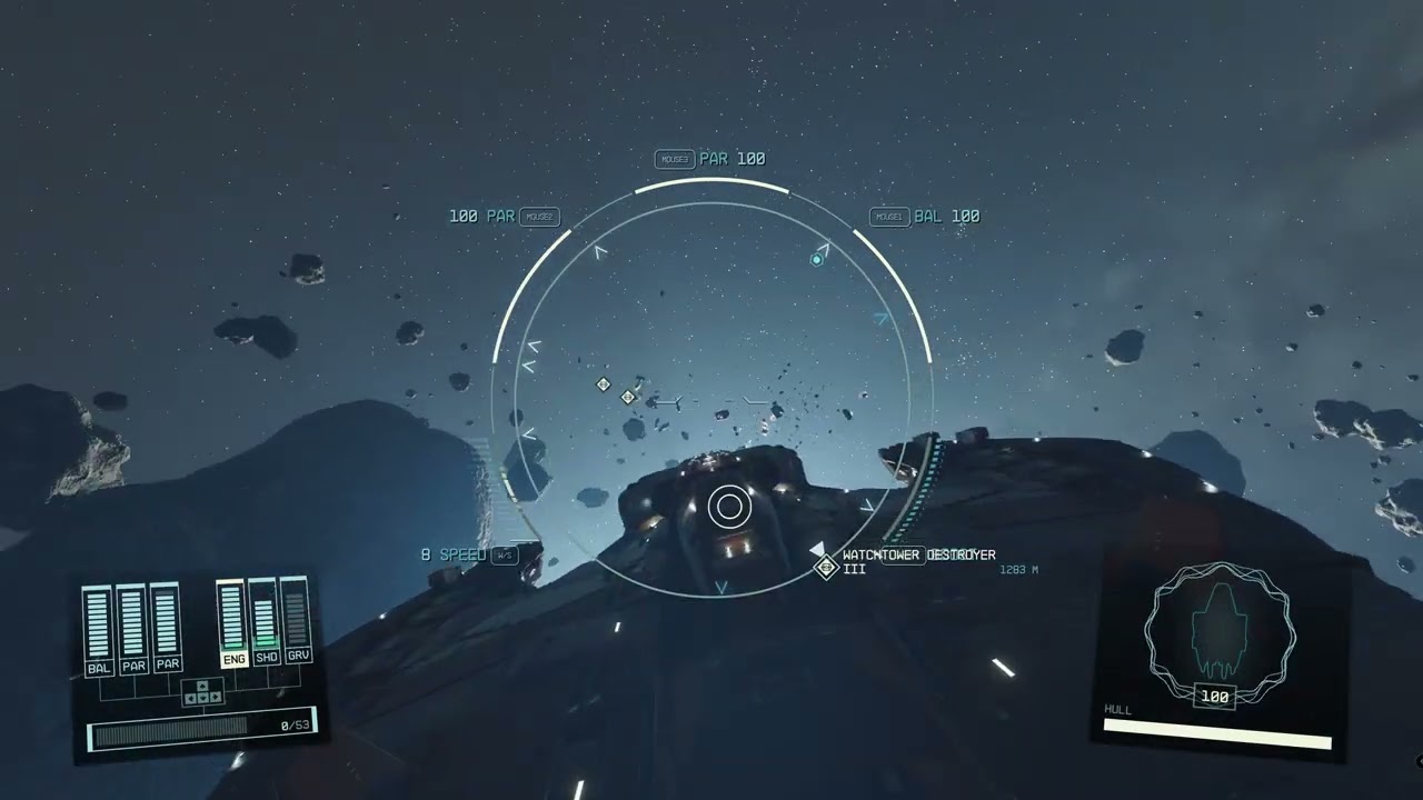 Starfield latest starship creation and thrust details showing the ship maneuvering via thrusters onl