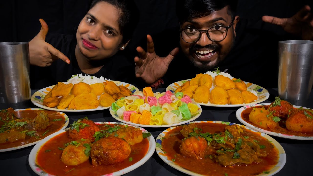 Spicy mutton curry🔥🥵egg curry with rice aloo pakoda eating challenge 🔥🔥👌🤤
