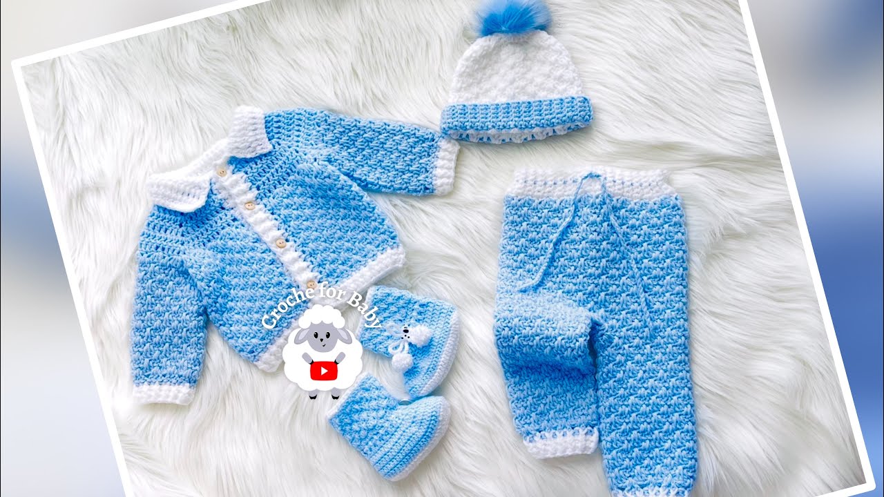 Crochet Set: Thomas Baby Blanket · Cardigan · Pants · Beanie with Easy Spike Granny Stitch