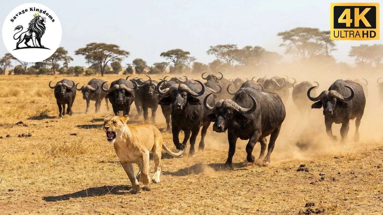 В одиночестве на равнинах львица бросает вызов бизону и жирафу #документальныйфильможивотных | Ди...