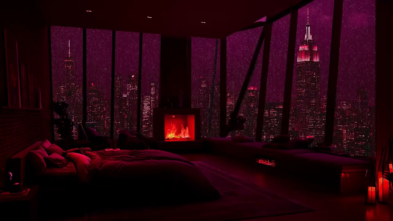 Tranquil Midnight Rain in the City 🌙 | Peaceful Piano & Fireplace Ambience for Deep Sleep & Focus