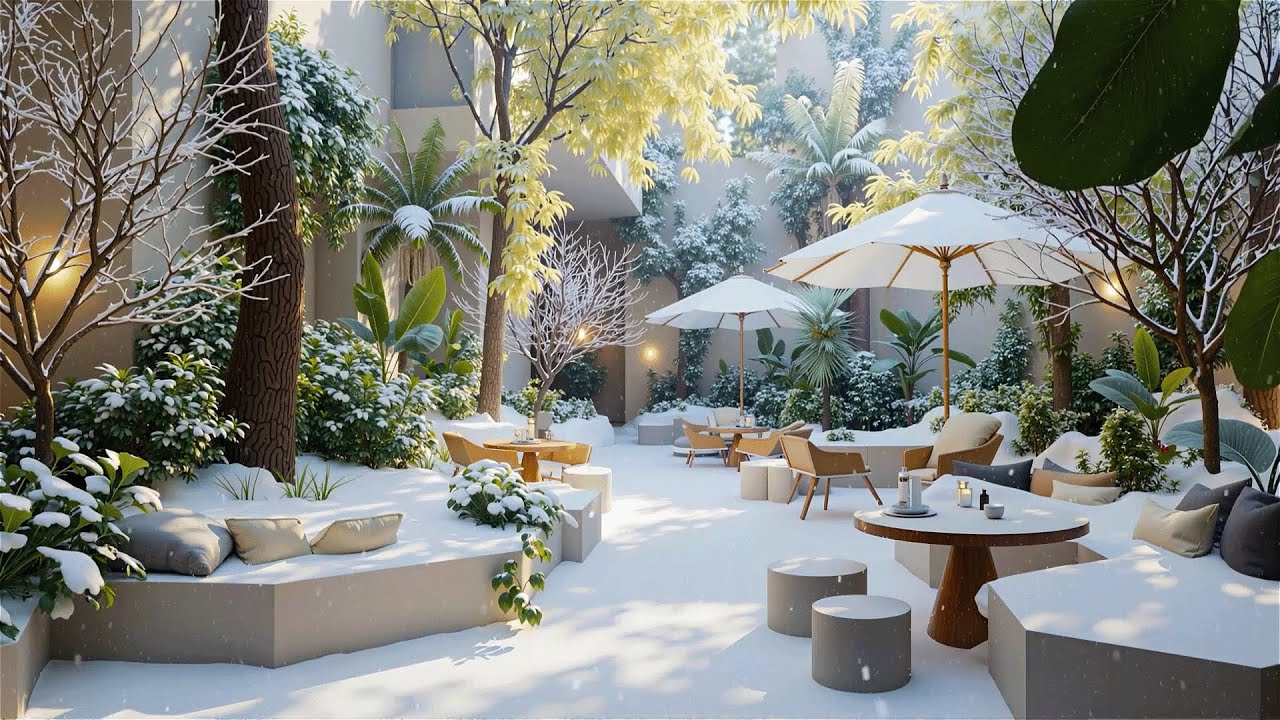 Snowy Garden Lounge Jazz ❄️ Elegant Winter Courtyard, Soft Light & Calm Luxury Ambience