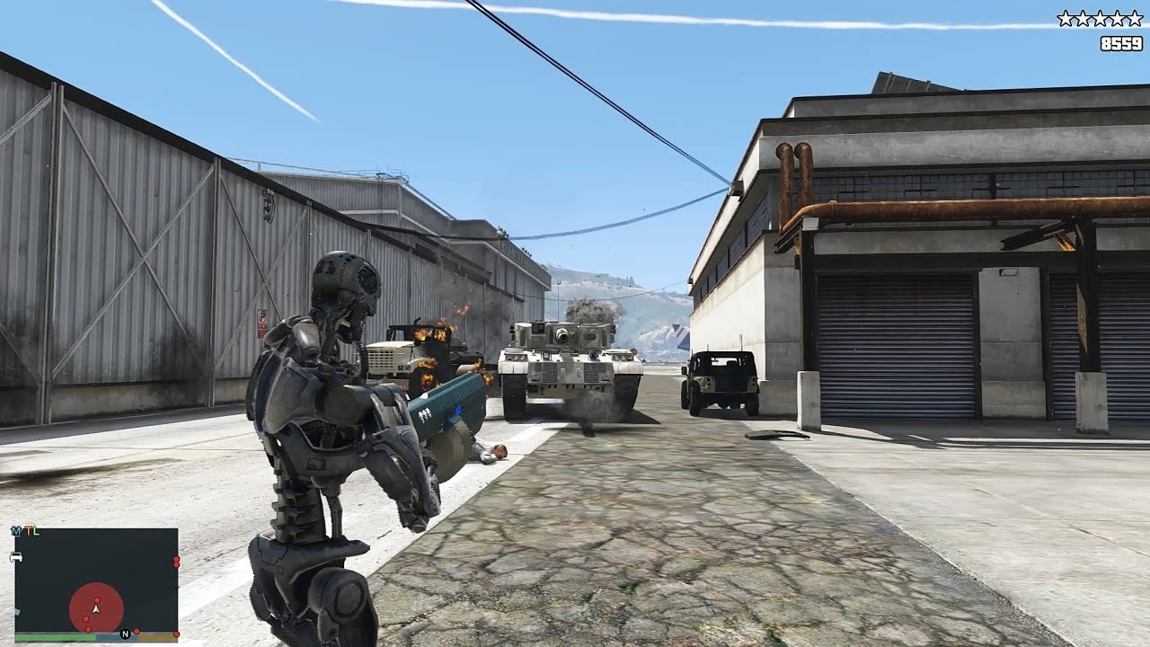 GTA 5 - Terminator T800 Fort Zancudo Military Base Rampage + Five Star Escape