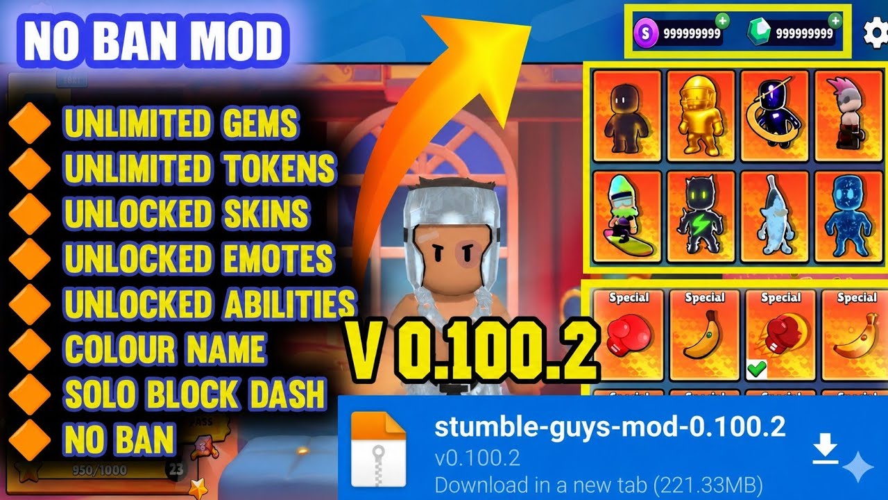 Stumble Guys Mod APK 0.100.2 Последняя версия 2026 (Разблокировка всех скинов и способностей) Сол...