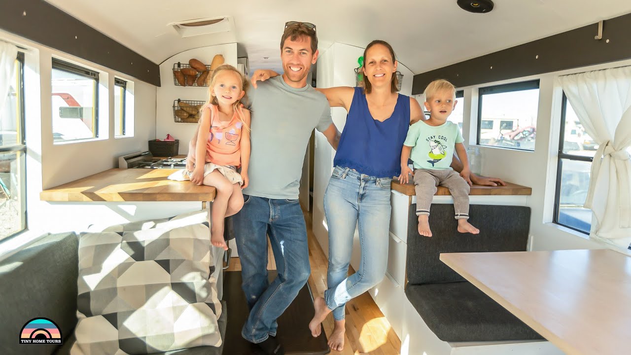 Family of 4 in a DIY Skoolie - Fantastic Kitchen & Adorable Bunks