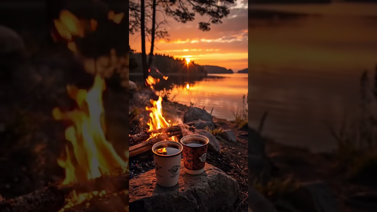 Sunset Serenity: Coffee & Campfire by the Lake ☕🔥🌅 #relax #asmr #campingactivities #campingvibes