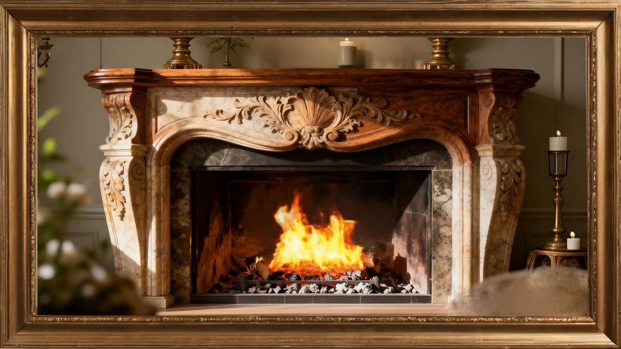 Fireplace Ambience | Luxury Interior.Gold framed Vintage art screensaver. 4k TV Painting wall art.