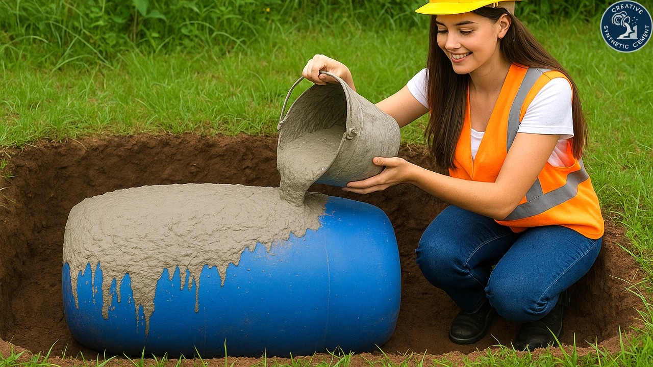 Pour cement onto a plastic barrel and something unimaginable happened. Amazing recycling art.
