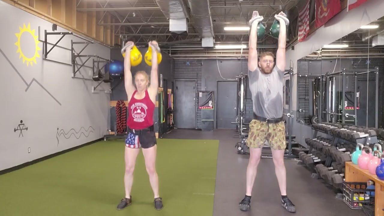 Josh 24kg Long Cycle x 5 minutes, Jordan 16kg Jerk x 5 minutes