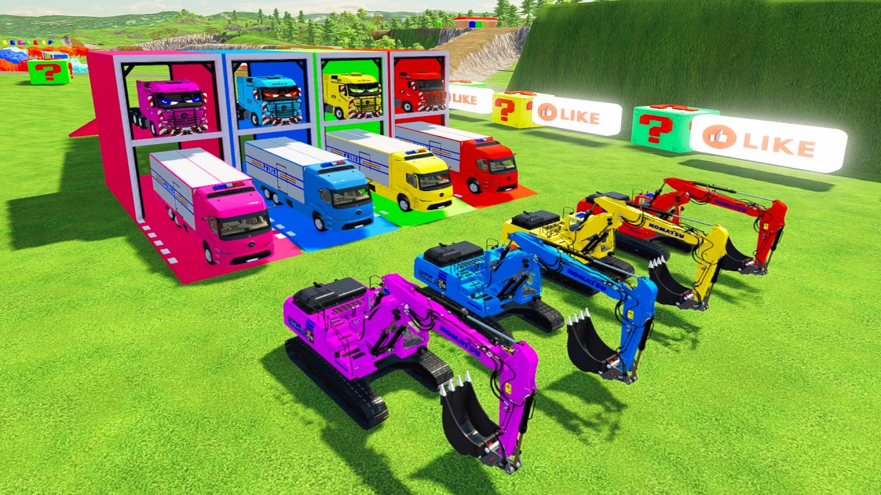 Garage With Color - ALL COLORFUL MERCEDES POLICE BOX TRUCK, KOMATSU EXCAVATOR TANSPORTING WITH TRUCK
