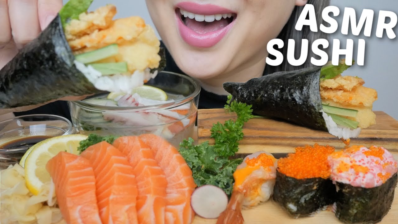 SUSHI ASMR *Mega Cone, Salmon Sashimi, Assorted Spicy Nigiri & Tako Sunomono NO TALKING Food Sound