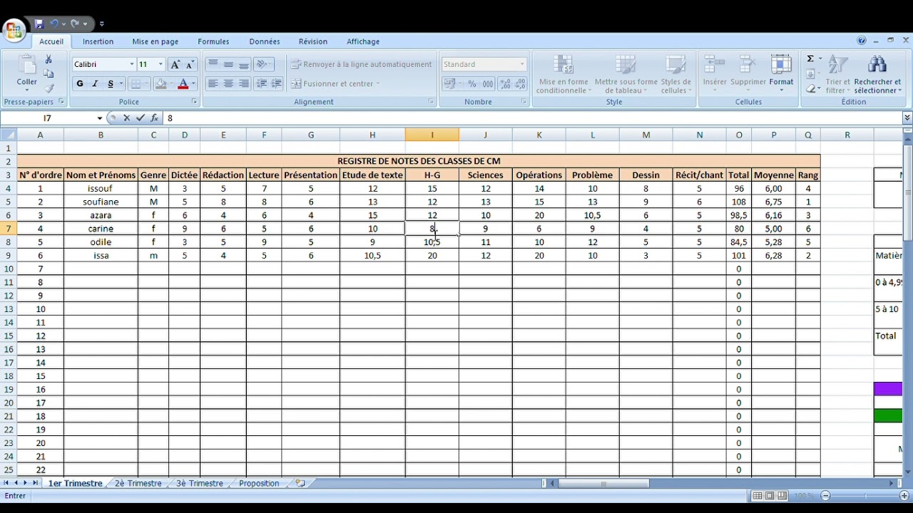 Registre de notes simplifié