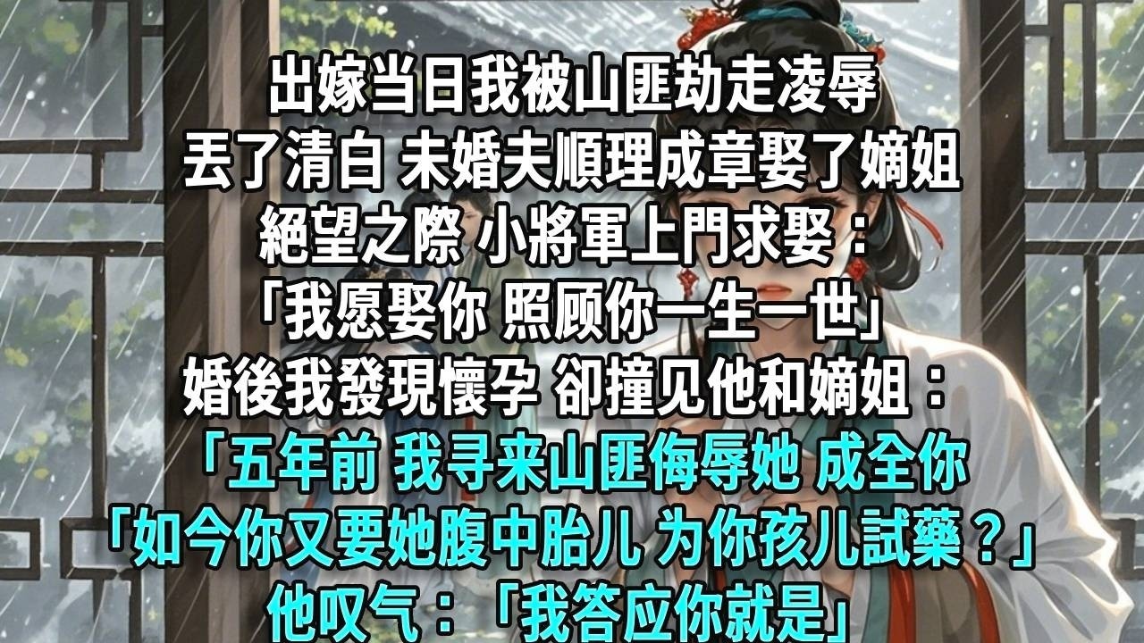 出嫁当日我被山匪凌辱丟了清白 未婚夫娶了嫡姐。絕望之際小將軍上門求娶：「我愿娶你照顾你一生一世」婚後我發現懷孕 卻撞见他和嫡姐：「五年前我寻来山匪侮辱她成全你 如今你又要她腹中胎儿为你孩儿試藥？