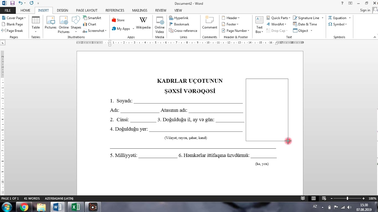 Microsoft Office Word proqramında cədvəlin qurulması (insert table)