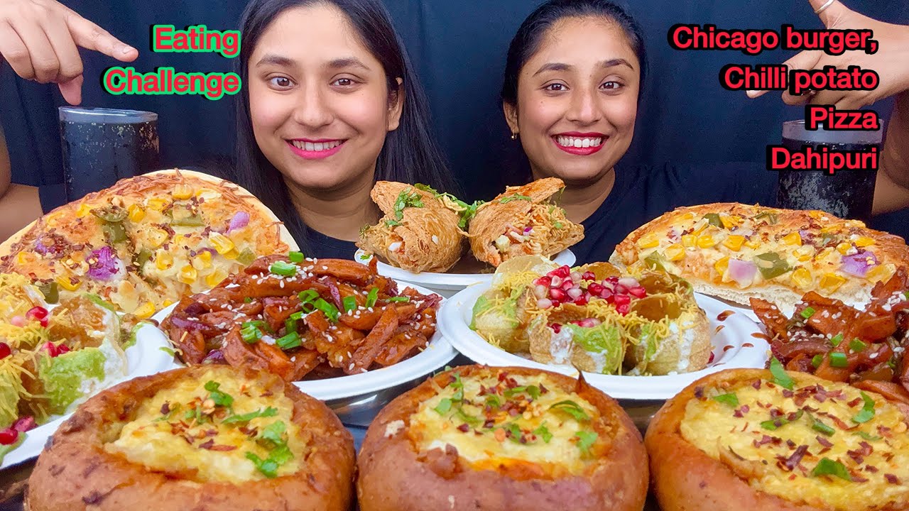 Whole Table Street Food Chicago Burger,Dahipuri,Pizza,Chilli Potato,Stuffed Patty Eating😋 Challenge