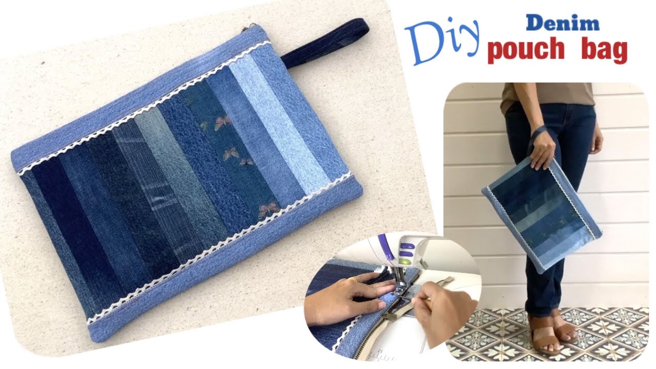 Diy denim pouch bags with zipper from old jeans , sewing diy a pouch bags tutorial, old jeans reuse.