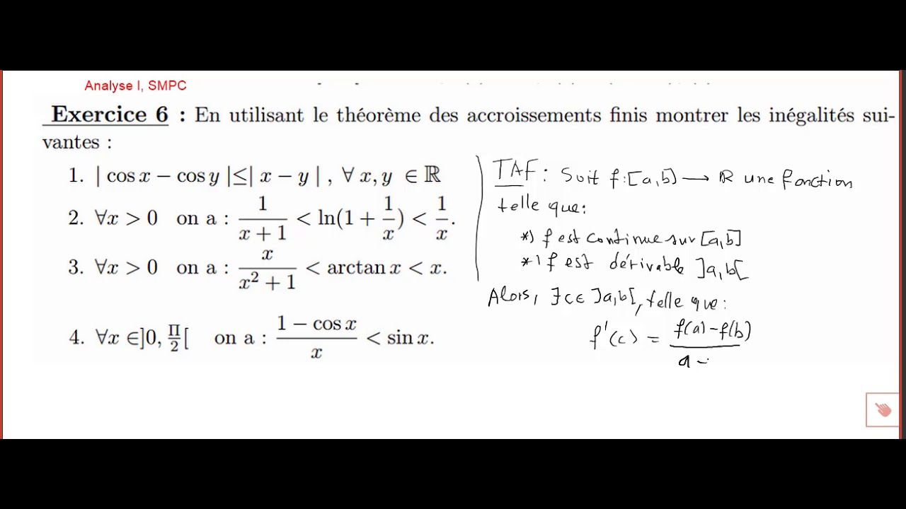 Théorème des accroissements finis  (Ex6 q1, Série II de TD d'analyse I, SMPC)