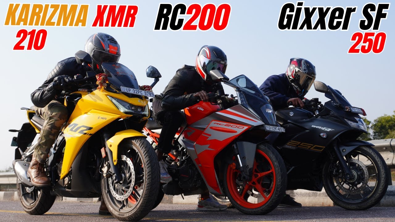 Hero Karizma XMR 210 vs Suzuki Gixxer SF 250 vs KTM RC200 Drag Race