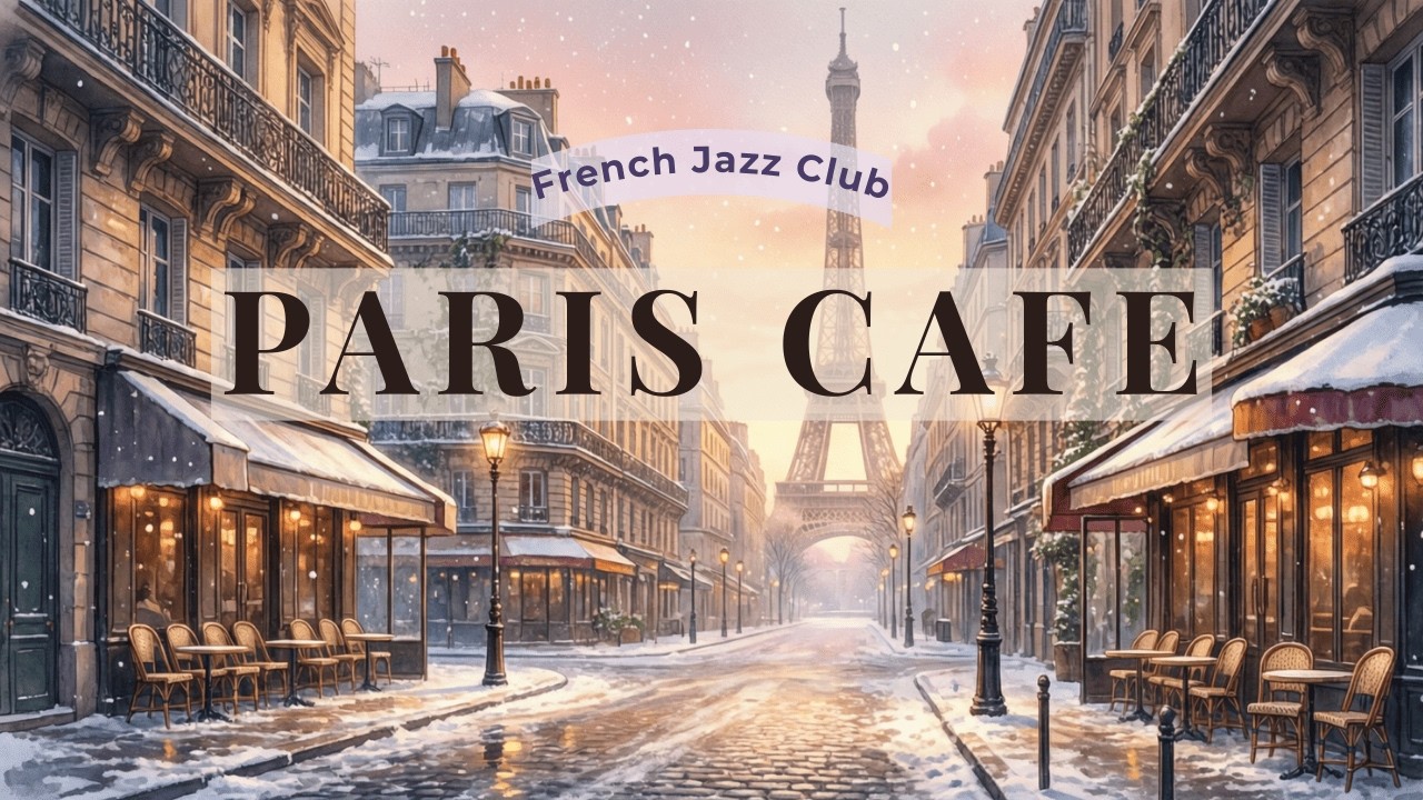 Romantic Paris Café Winter Street with Eiffel Tower View | Relaxing French Jazz Ambience